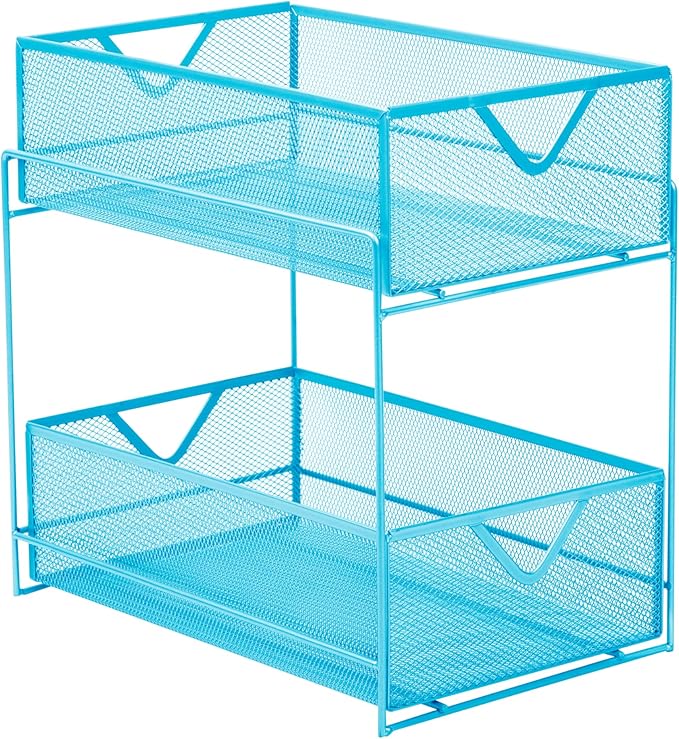 Mind Reader Accessory Organizer, Supply Storage, Makeup, Crafts, Office, Kitchen, Metal Mesh, 8.25"L x 12.5"W x 12.5"H, Blue