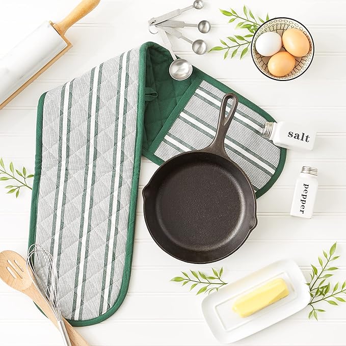 DII Double Strip Chef Kitchen Cooking & Baking Collection, Double Oven Mitt, 35x7.5, Dark Green