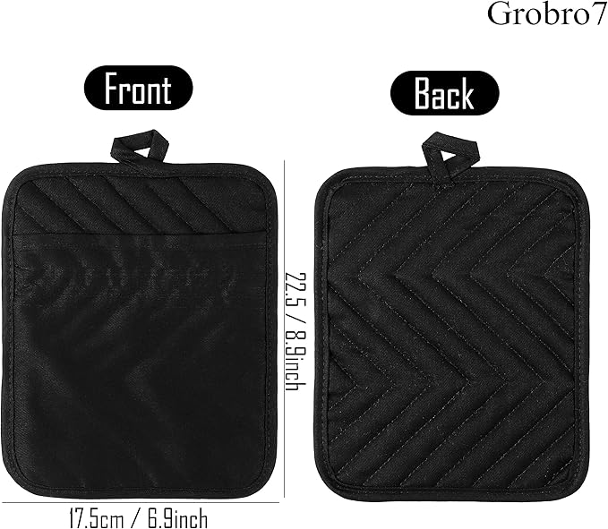 GROBRO7 5Pack Cotton Pocket Pot Holder Set Kitchen Heat Resistant Potholder Machine Washable Hot Pads Bulk Oven Mitts Black Plain Hot Pads Trivet for Baking Cooking with Pocket 7x9