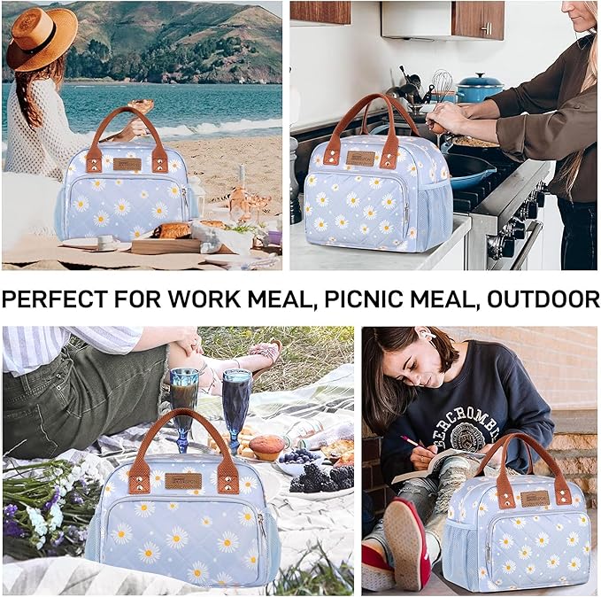 HOMESPON Lunch Bag for Woman Man Adults with Front Pocket Insulated Lunch Tote Lunch Box Container for Work Picnic or Travel(Blue Daisy)