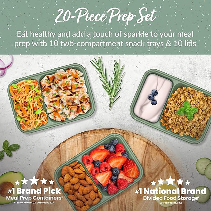 Bentgo Prep - 2-Compartment Snack Containers with Lids - Reusable, Microwaveable, Durable, PFAS & BPA-Free, Freezer, & Dishwasher-Safe Meal Prep Food Storage - 10 Trays & 10 Lids (Basil Glitter)