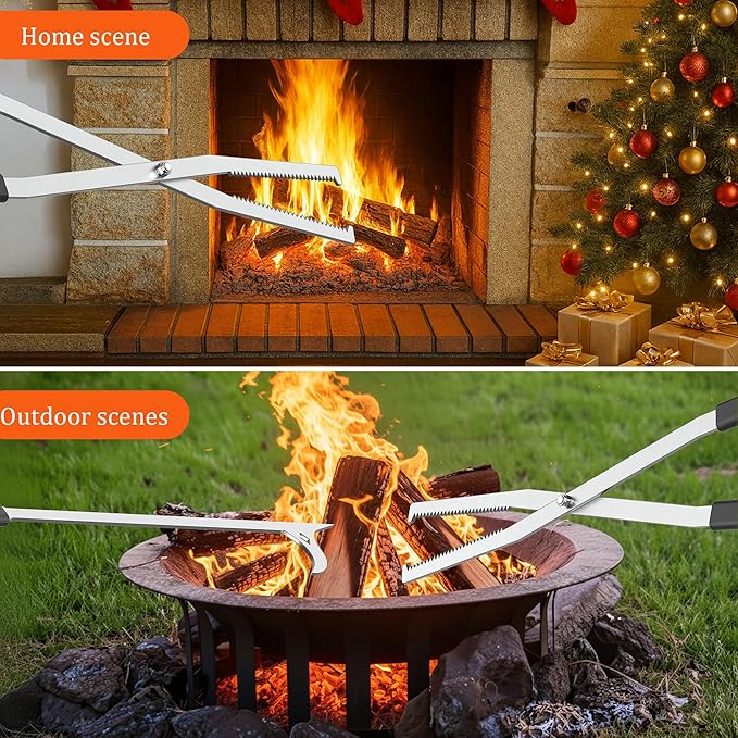 GARVIN Heavy Duty Fire Tongs & Poker Set, 27.7" Long-Handle Carbon Steel Log Grabber with Serrated Grip, Fire Tools Sets For Fire Pit & Fireplace, Wood Stoves, Campfires, Bonfires & BBQ Grills