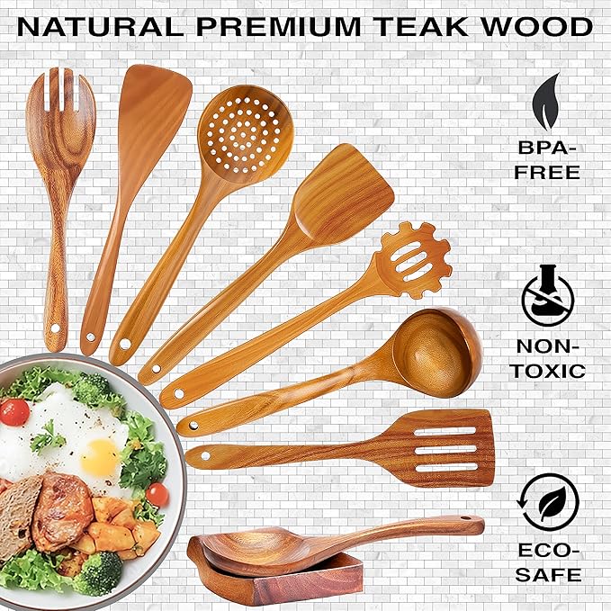 9-Piece Teak Wooden Utensil Set – Wooden Spoons for Cooking with Spoon Rest, Wooden Spatula, and Non Toxic Cooking Utensils – Premium Kitchen Utensils Set for Daily Use