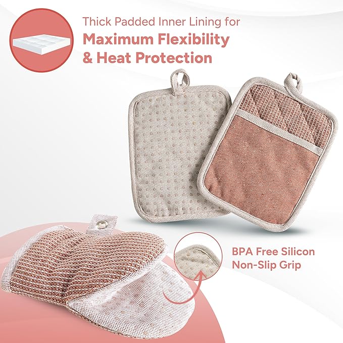 Casa Platino Cute Oven Mitts & Pot Holders, 4-Piece – Oven Mitts Heat Resistant for Grilling & Baking, Pot Holder for Hot Cookware & Microwave – Withstands Up to 500°F, Non-Slip – Canyon Rose