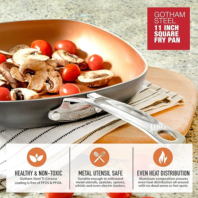 Gotham Steel Non Stick Frying Pan, 11” Square Ceramic Frying Pan Nonstick, Long Lasting Nonstick Cooking Pan, Induction Frying Pan, Egg Pan, Stay Cool Handle, Dishwasher & Oven Safe, 100% Toxin Free