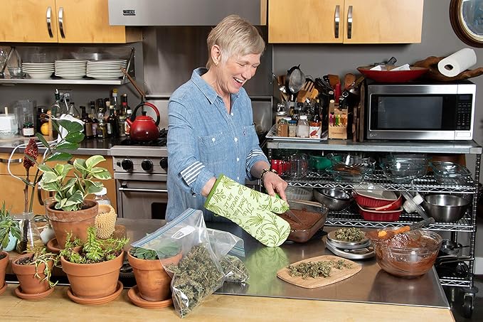 Blue Q Food Has Weed in It Funny Oven Mitts - Cute Oven Mitts, Home Kitchen Gifts, Cooking Accessories, Super-Insulated Quilting, Comfy Natural-Fitting Shape, 100% Cotton, Size 12.5" L x 7.5" W