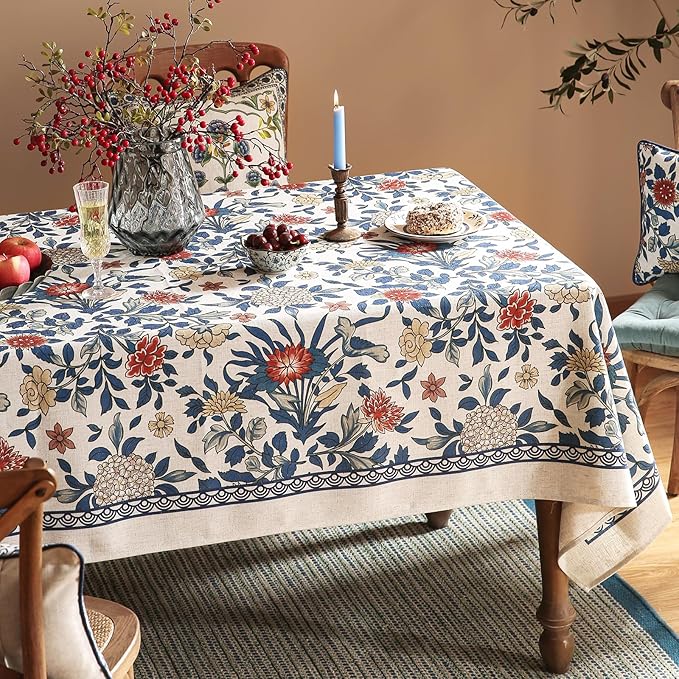 patdrea Designer Blue Tablecloth for Rectangle Table,Vintage Linen with Leaves and Floral Pattern Long Tablecloths,Farmhouse Decor Cover for Kitchen Dining Christmas,Thanksgiving,63"x102"-Ivar a