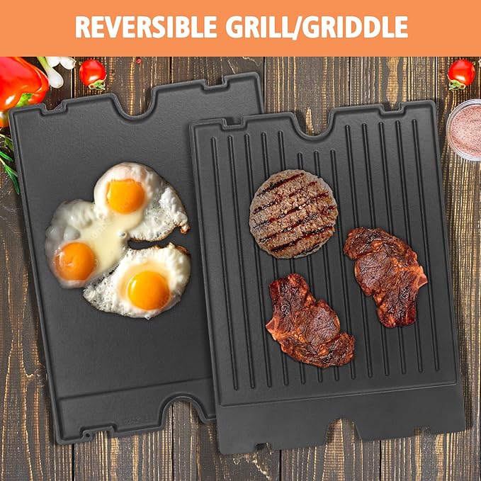 2-in-1 Reversible 17.48” x 12.48” Pre-Seasoned 11242 Cast Iron Griddle for Broil King Baron, Crown, Crown Pellet Series Grill, Flat Griddle Top Plate for Gas Stove/Charcoal/Electric/Propane/Gas Grill
