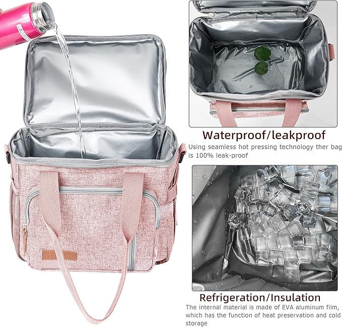 MOV COMPRA Lunch Bag for Women Men, Expandable Large Adult Insulated Lunch Box for Work, Leakproof Double Deck Lunch Box Cooler Tote Bag with Removable Shoulder Strap (PINK)