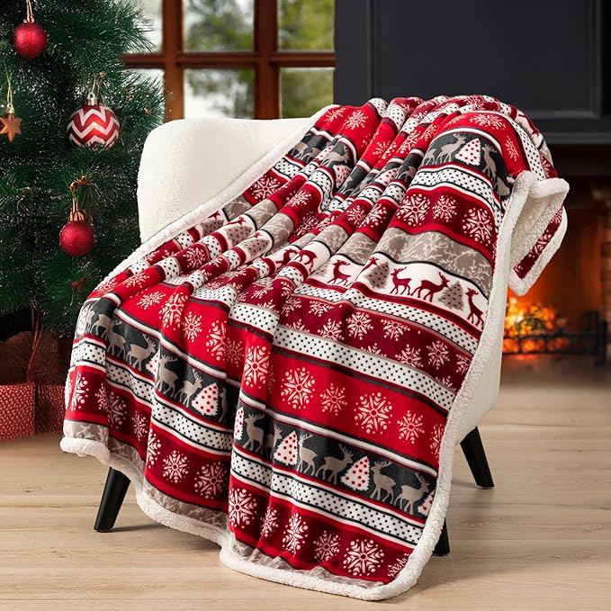PAVILIA Premium Christmas Sherpa Throw Blanket | Christmas Decoration Reindeers, Fleece, Plush, Warm, Cozy Reversible Microfiber Holiday Blanket 50 x 60