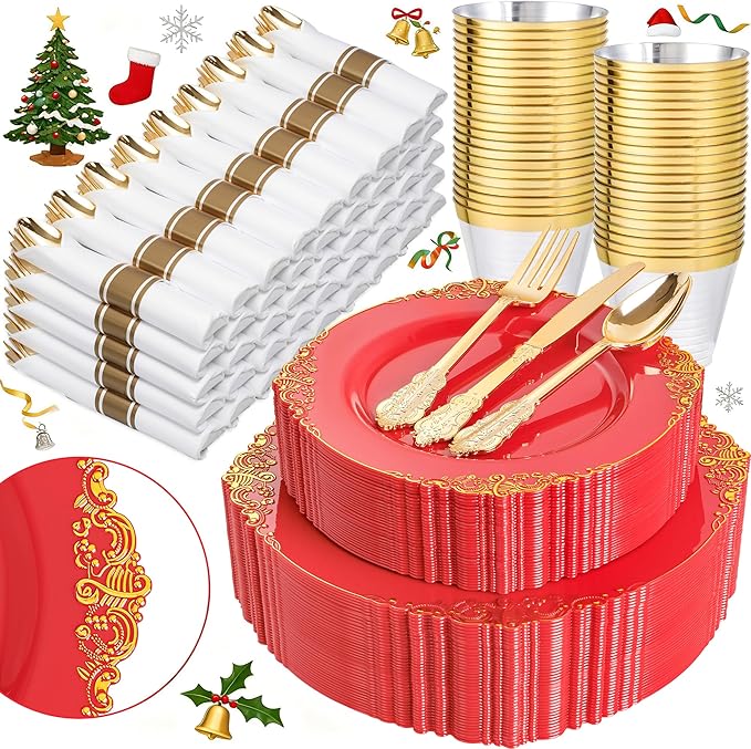Nervure 350PCS Red Plastic Plates - Red Gold Plastic Dinnerware Sets for 50 Guests - 100 Gold Disposable Plates, 50 Pre Rolled Silverware Sets, 50 Cups Perfect for Wedding & Party & Christmas
