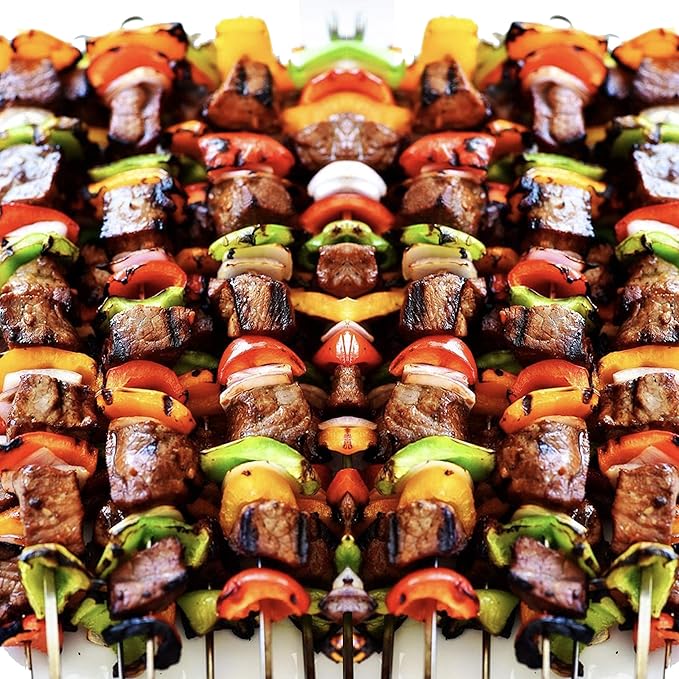 Antallcky 12 Pack Kebab Skewers BBQ Barbecue Skewers Stainless Steel Sticks 23.5 Inch Heavy Duty Large Wide Reusable with NonSlip Ring Handle Ideal for Shish kabob Chicken Shrimp angd Vegetables
