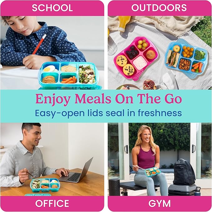 Bentgo Easyboxes - Reusable 5-Compartment Food Containers, Stackable 8-Piece Set, 4 Trays & 4 Lids, BPA-Free Food Storage for Meal Prep, School, & Work; Lunch Boxes w/Patented Design (Jewel Brights)