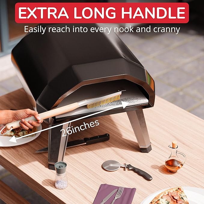 26” Pizza Oven Brush with Stone Scraper - Heat Resistant Stainless Steel Bristles, Extra Long Handle - Compatible with Ooni Ovens - Includes Spare Head