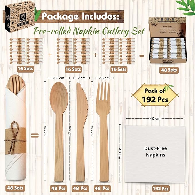 KOELHO'S Pre-Rolled Bamboo Cutlery Set 48-Pack 192 PCS | Bamboo Disposable Utensils 100% Biodegradable and Eco-Friendly | Wood Cutlery Set for Parties, Weddings, and Events
