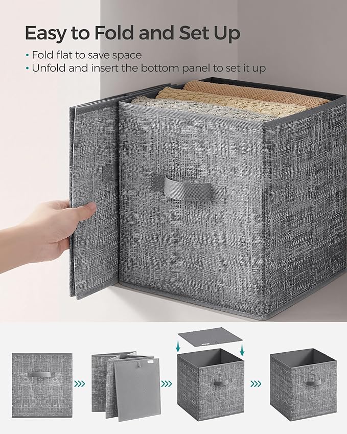 SONGMICS Storage Cubes, 10.2 x 10.2 x 11 Inches Non-Woven Fabric Bins with Double Handles, Set of 8, Closet Organizers for Shelves, Foldable, for Clothes, Cattail Gray UROB826G01