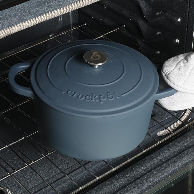Crock-Pot Artisan 7-Quart Round European Enameled Cast Iron Dutch Oven – Matte Navy Blue, Durable Oven Safe Cookware