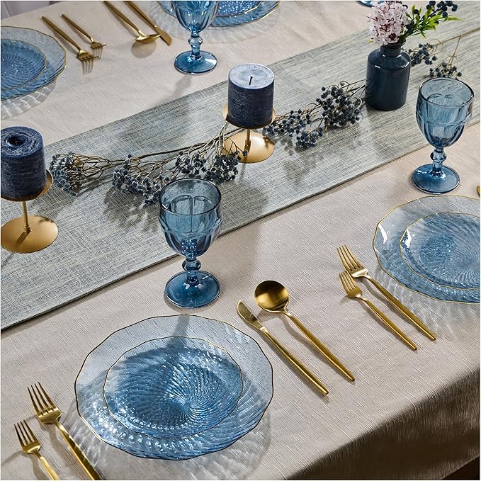 PLASTICPRO 30 Pack Plastic Plates Set of 15-10 inch Plates and 15-7 inch Plates, Elegant Clear Blue Spiral and Gold Rim Disposable Fancy Plates Premium Heavyweight