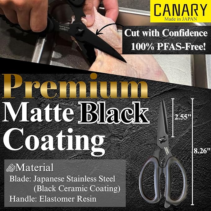 CANARY Japanese Kitchen Scissors All Purpose Heavy Duty 8.2" Matte Black, Made in JAPAN, Dishwasher Safe Come Apart Blade, Multipurpose Kitchen Shears, Sharp Serrated Japanese Stainless Steel Blade