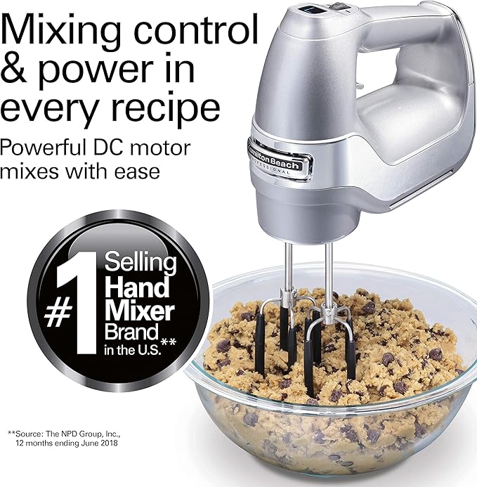 Hamilton Beach Professional 7-Speed Digital Electric Hand Mixer with High-Performance DC Motor, Slow Start, Snap-On Storage Case, SoftScrape Beaters, Whisk, Dough Hooks, Silver and Chrome (62657)