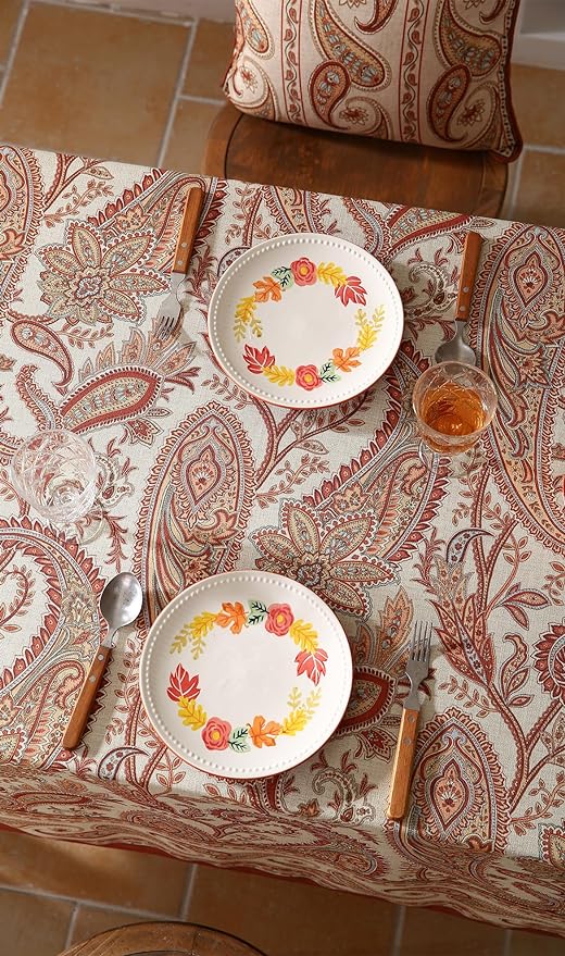 ISAENNE Designer French Red Long Tablecloth Rectangle,Linen Table Cloth with Cashew Pattern,Stain Proof Decor Tablecloths for Dining Thanksgiving Kitchen Christmas,63"*94"-Chauffrey D