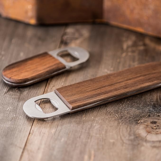 Dropcatch Handheld Bar Blade Bottle Opener | Flat Beer Cap Bottle Opener | Durable Bartender or Home Tool | Heavy Duty Stainless Steel & Walnut Finish | Mini 4.25” x 1.5”