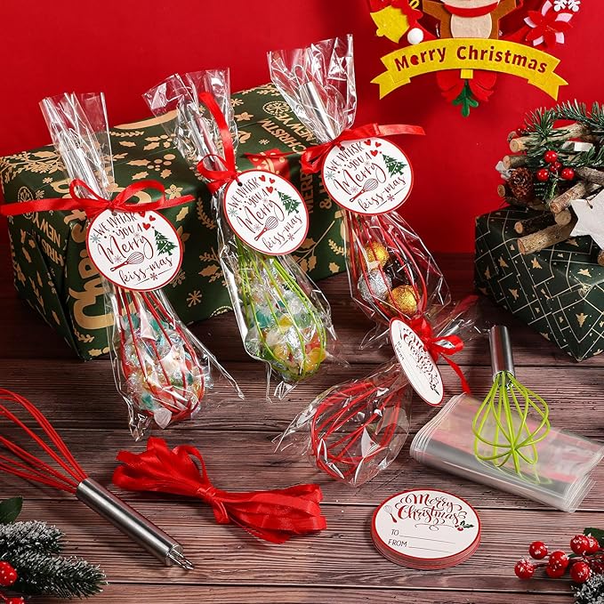 24 Sets 10 Inch Christmas Whisks Gifts DIY Fillable Christmas Tree Ornaments Xmas Colored Silicone Whisks for Cooking Heat Resistant Egg Beaters with Card Rope Bag for Candy Holder