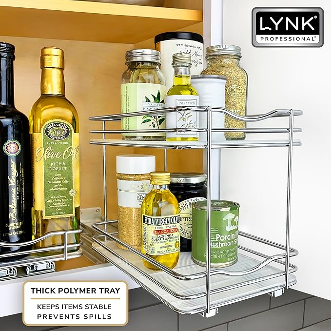 LYNK PROFESSIONAL® Pull Out Spice Rack Organizer for Inside Kitchen Cabinets - 6-3/8 inch Wide - Slide Out Drawer – Chrome Sliding Spice Cabinet Organization Shelf Racks - 2 Tier
