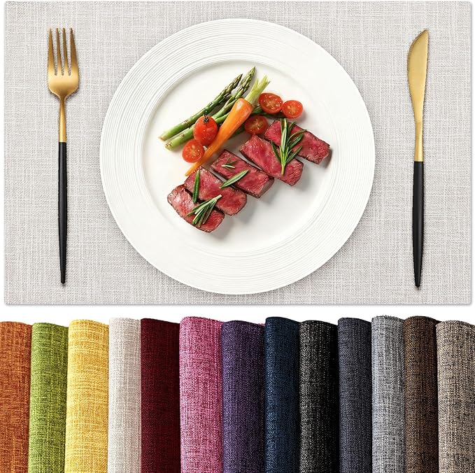 KXN Placemats Set of 8, Dual-Layer Thickened Faux Linen Table Mats, Heat Resistant & Wrinkle-Free, Machine Washable Cloth Place Mats for Kitchen Dining Indoor Outdoor (Cream Beige)