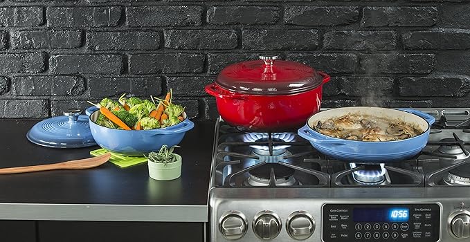 Lodge 4.5 Quart Enameled Cast Iron Dutch Oven with Lid – Dual Handles – Oven Safe up to 500° F or on Stovetop - Use to Marinate, Cook, Bake, Refrigerate and Serve – Island Spice Red