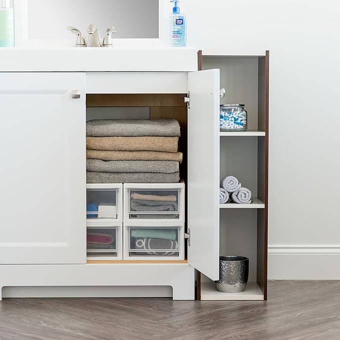 IRIS USA 6 Qt. Small Plastic Stacking Drawer, Stackable Storage Organizer Unit with Sliding Drawer for Bedroom Kitchen Under Sink Pantry Craft Room Dorm Office, White, 4-Pack