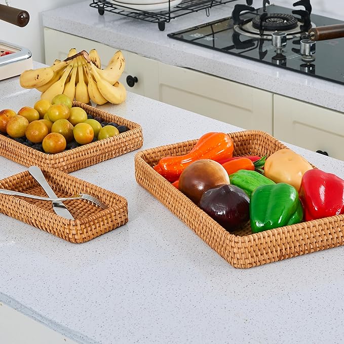 Rattan Tray Set of 3, Rectangular Woven Wicker Tray, Natural Wicker Rattan Serving Baskets for Table Kitchen Bathroom Counter Organizing