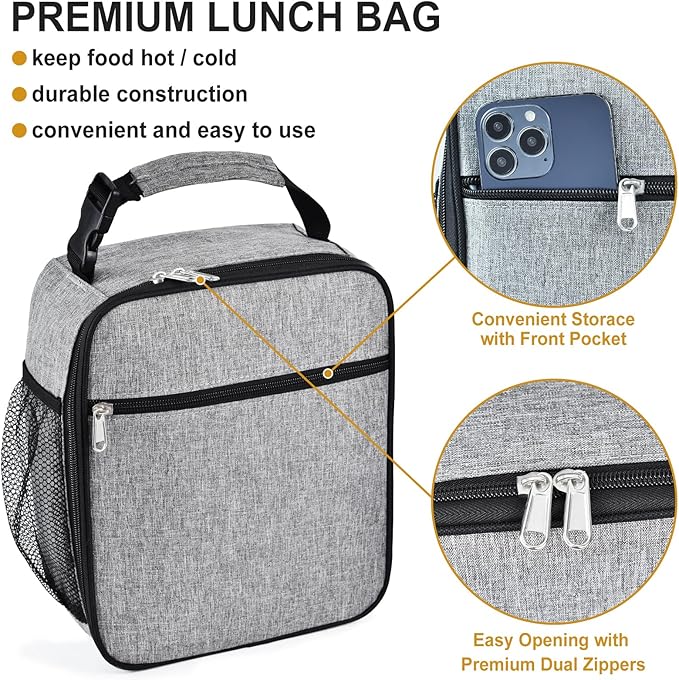 Insulated Lunch Bag, Leakproof Portable Lunch Box for Women Men Boys Girls, Large Capacity Cooler Bag with Handle and Bottle Pocket for Office School Camping Hiking Outdoor Beach Picnic (Grey)