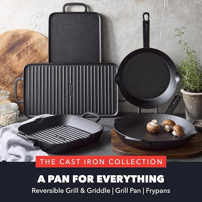GreenPan x Bobby Flay Cast Iron Pre-Seasoned 16.5 x 9.5” Reversible Double Burner Griddle, Rectangular Grill, Helper Handles, Induction, Versatile Stovetop Oven BBQ & Fire, Indoor & Outdoor Use, Black