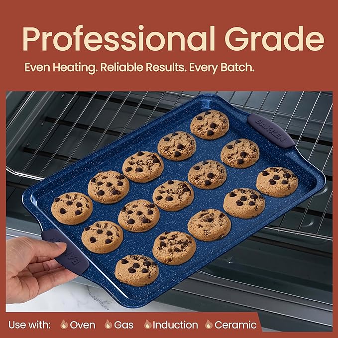BAKKEN Kitchen Baking Pan Set - Nonstick Coating, Carbon Steel Bakeware Sets with Blue Silicone Handles, Baking Kitchen Essentials, PFOA, PFOS, PTFE Free, Oven Safe Tray (Up To 450° F), Set of 3