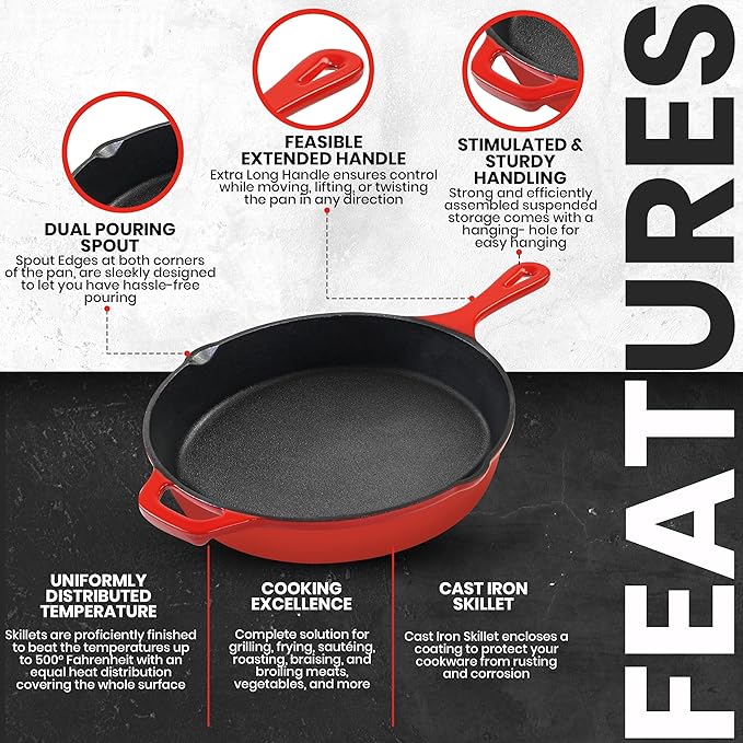 Utopia Kitchen Saute Frying Pan 12 Inch, Cast Iron Chefs Pan, Pre Seasoned Cast iron Skillet With Lid, Safe Grill Cookware for Indoor & Outdoor Use, Red