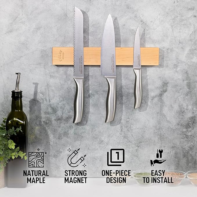 Zulay 11.75" Seamless Maple Wood Magnetic Knife Holder - Wooden Magnetic Knife Strip for Organizing your Kitchen - Elegant & Multifunctional Magnet Holder for Wall with Easy Installation