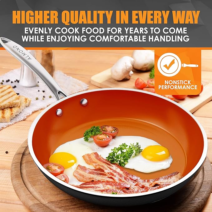 Nonstick Ceramic Copper Frying Pan: Non Stick 8 Inches Skillet With Glass Lid - Round Aluminum Saute Pan for Gas, Electric and Induction Cooktops (8 Inch)