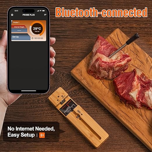 Wireless Smart Meat Thermometer: Bluetooth, Long Range, Measures Internal & Ambient Temp for BBQ, Grill, Kitchen, and Smoker. iOS & Android Compatible.