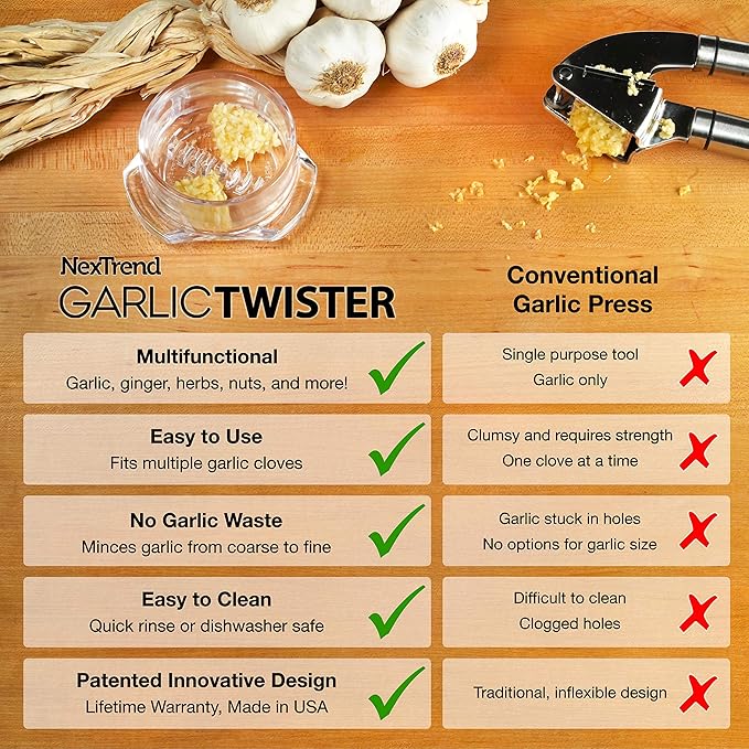 Nextrend Garlic Twister 4th Gen – Garlic Mincer & Garlic Press in One, for Ginger, Herbs, Nuts & more, BPA-Free, Dishwasher Safe, 3–5 Clove Capacity - Green