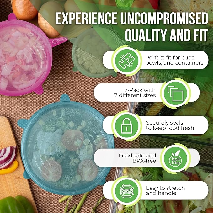 Reusable Silicone Stretch Lids for Food Storage in Fridge - Elastic Heat-Resistant Bowl Covers, Cups, Cans, Jars - Universal Food Grade Lid for Round and Rectangle Containers - 7 Pack - Multicolor