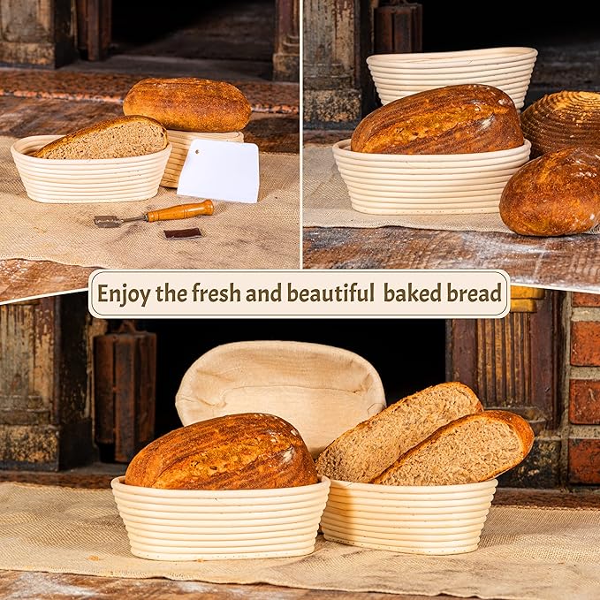 Sourdough Bread Baking Supplies Starter Kit, Banneton Proofing Basket Oval 11" Set of 2, Basket Gift Set