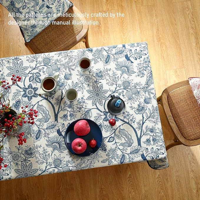 ISAENNE Designer French Linen Long Rectangle Tablecloth,Blue Floral Washable Indoor Table Cloth,Durable Home Decor Tablecloths for Dining Thanksgiving Kitchen Party Christmas,63"*102"-Ruyi B
