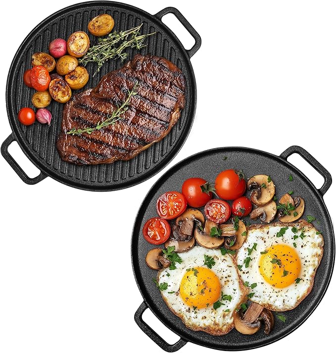 Navaris Double Sided Cast Iron Griddle Plate - BBQ Griddle Plate - Steak Pan or Pancake Griddle Pans - BBQ Hot Plate for BBQ Pan - Induction Griddle or Hot Plate for Gas Hob