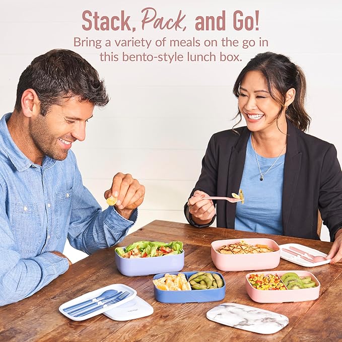 Bentgo Classic - Adult Bento Box, Stackable 3-Compartment Lunch Box with Removable Utensil Set and Sealing Strap, BPA-Free, Food Container Ideal for Meal Prep, Work, and On the Go (Blush Marble)