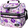 Opux Lunch Box For Women - Large Dual Compartment Insulated Lunch Bag, 10x7.5x10 Inches, Floral Purple