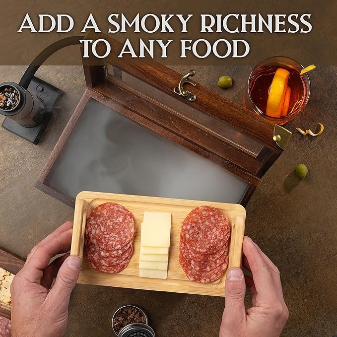 BOURBON&BARREL Cocktail Smoker Kit | Crafted with Walnut Wood | Whiskey Smoker Kit with Instant Smoker, Smoking Box, Food Tray and 4 Varieties of Wood Chips | Old Fashioned Drink Smoker [Walnut]
