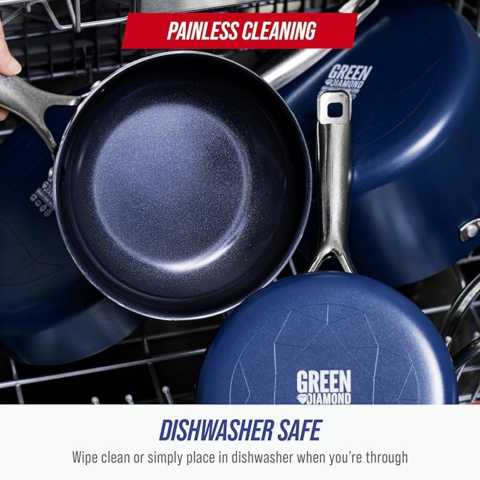 Blue Diamond 9.5” & 11" Nonstick Frying Pan Skillet Set, Diamond Infused PFAS & PTFE-Free Ceramic Pots & Pans, Dishwasher & Oven Safe, Stay Cool Handles, Durable Non Toxic Metal Utensil Safe, Blue