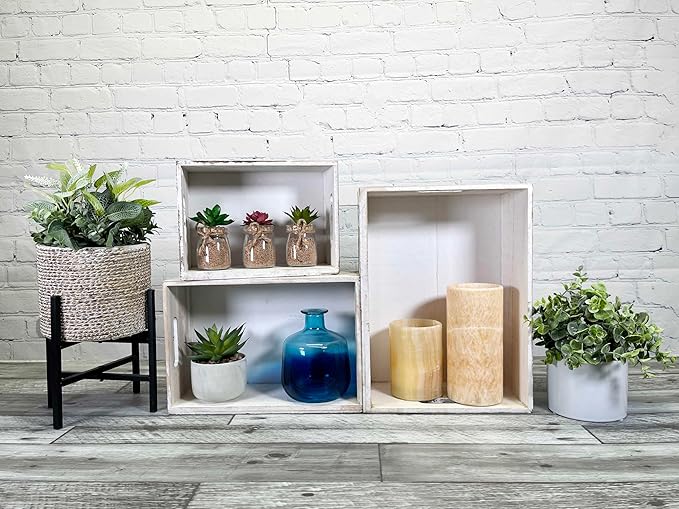 Admired By Nature Wooden Crates Storage Container, 3pc Farmhouse Style Decorative Baskets for Home Decor, Rustic Decor, Nesting Stackable Organizers, Distressed Wood Crates, Achromatic Barn Door White