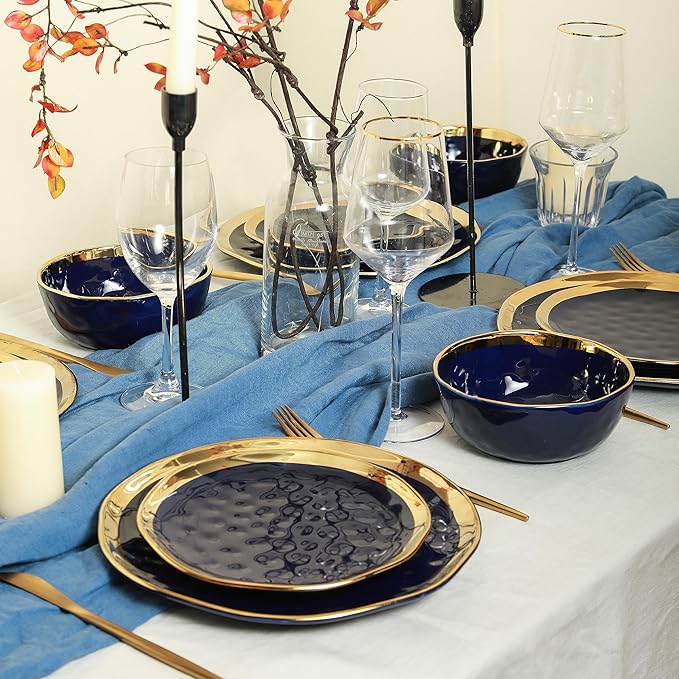 Stone Lain Florian Modern Porcelain Dish Set, 32-Piece Dishes for 8, Gold and Blue